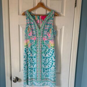 Lilly Pulitzer Turquoise and Pink Patterned Midi Dress